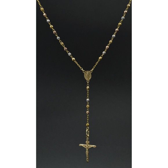 14k Solid Tr-iColor Gold Rosary Virgin Mary Jesus Cross Necklace 7.3 gr